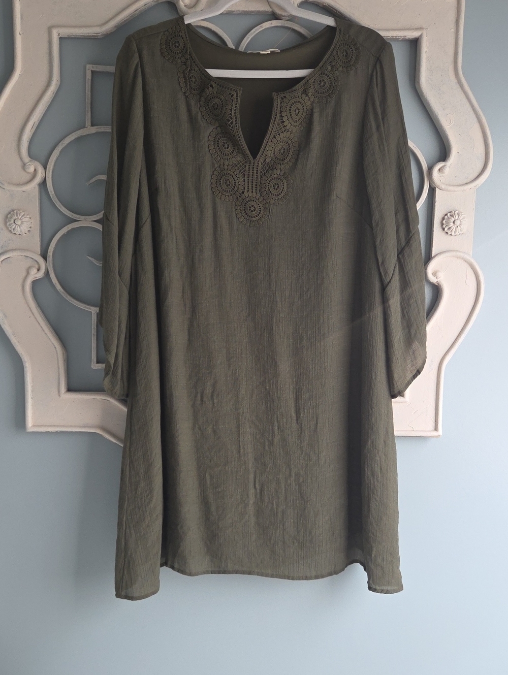 Women's Olive Green Embroidered V-Neck Tunic Dress (Z42)